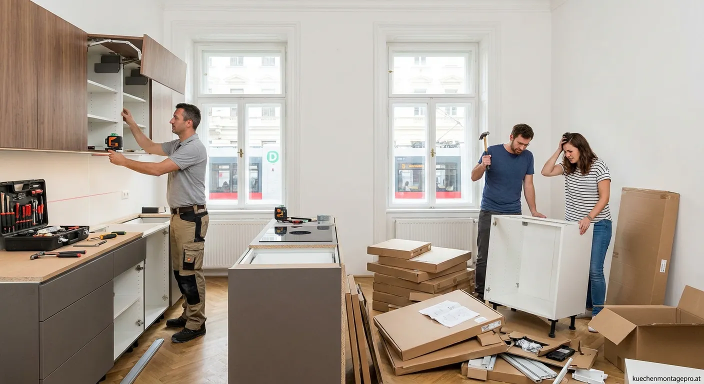 Professioneller Handwerker bei der Küchenmontage in einer modernen Wiener Wohnung